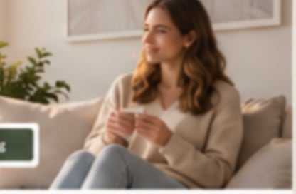 A woman with a cup of coffee in a bright living room